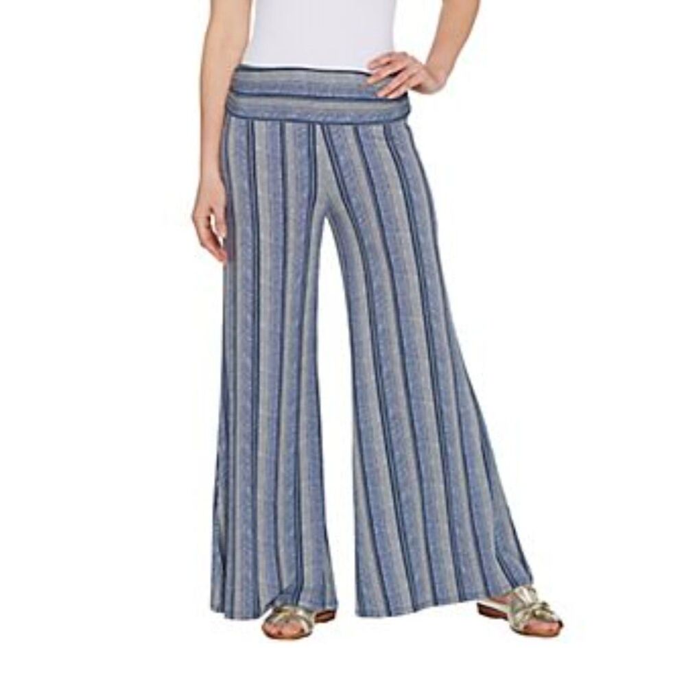 Lisa Rinna Stripe Wide Leg Palazzo Pants Blue Knit High Waist Flowy Lounge Flare